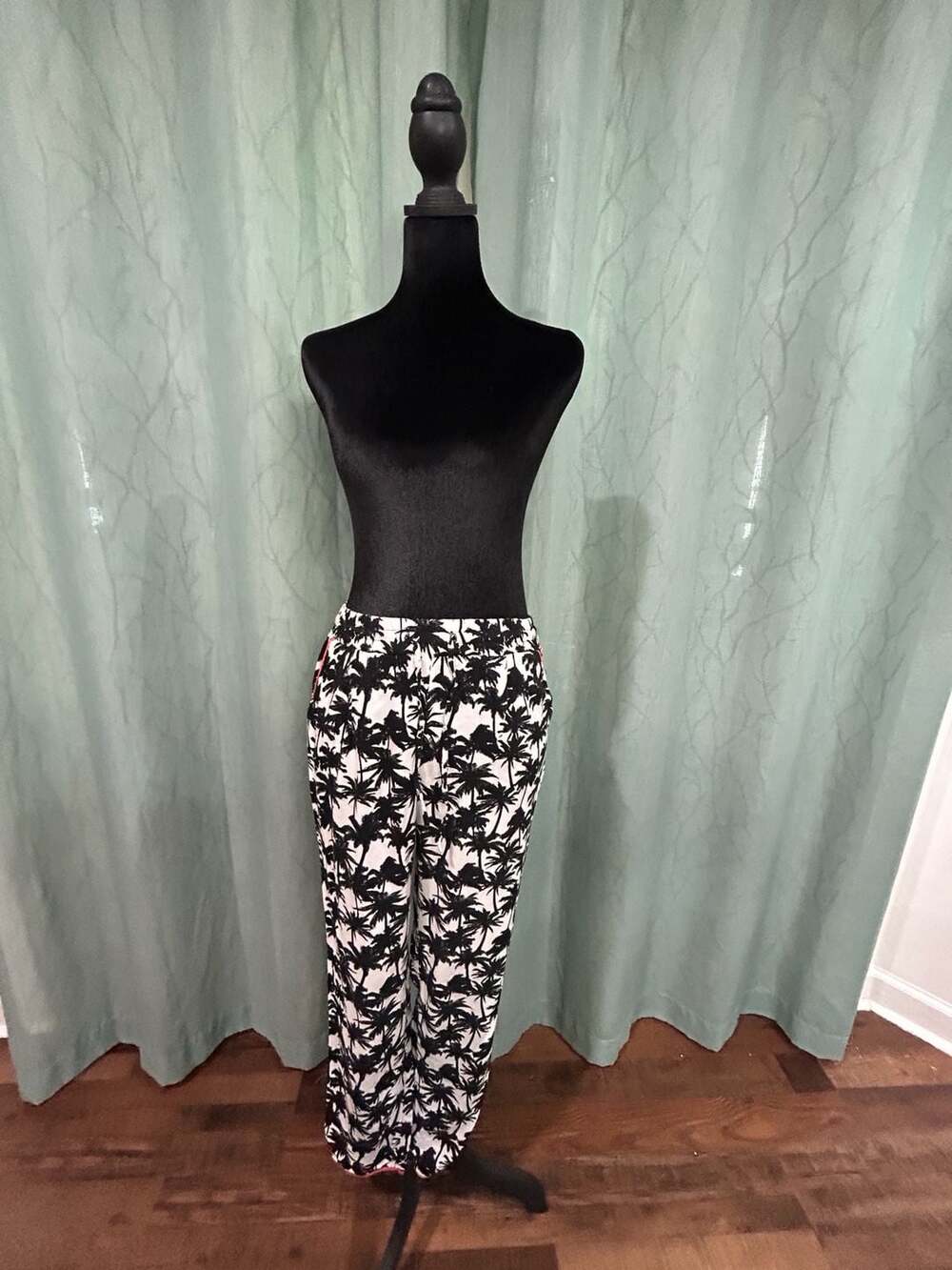 Unbranded Black and White Palm Tree Print Drawstring Casual Pants